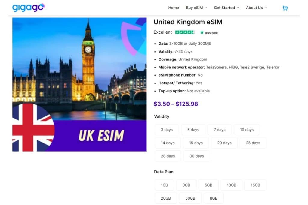 Gigago offers a wide selection of eSIM plans for London, UK