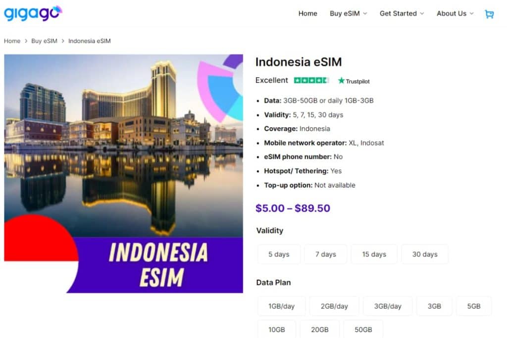 Indonesia eSIM plans by Gigago