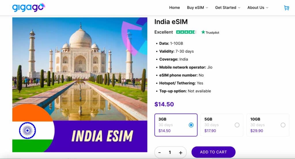 India eSIM plans by Gigago