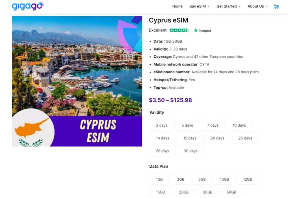 Gigago provides tourists with many competitive eSIM plans for Cyprus
