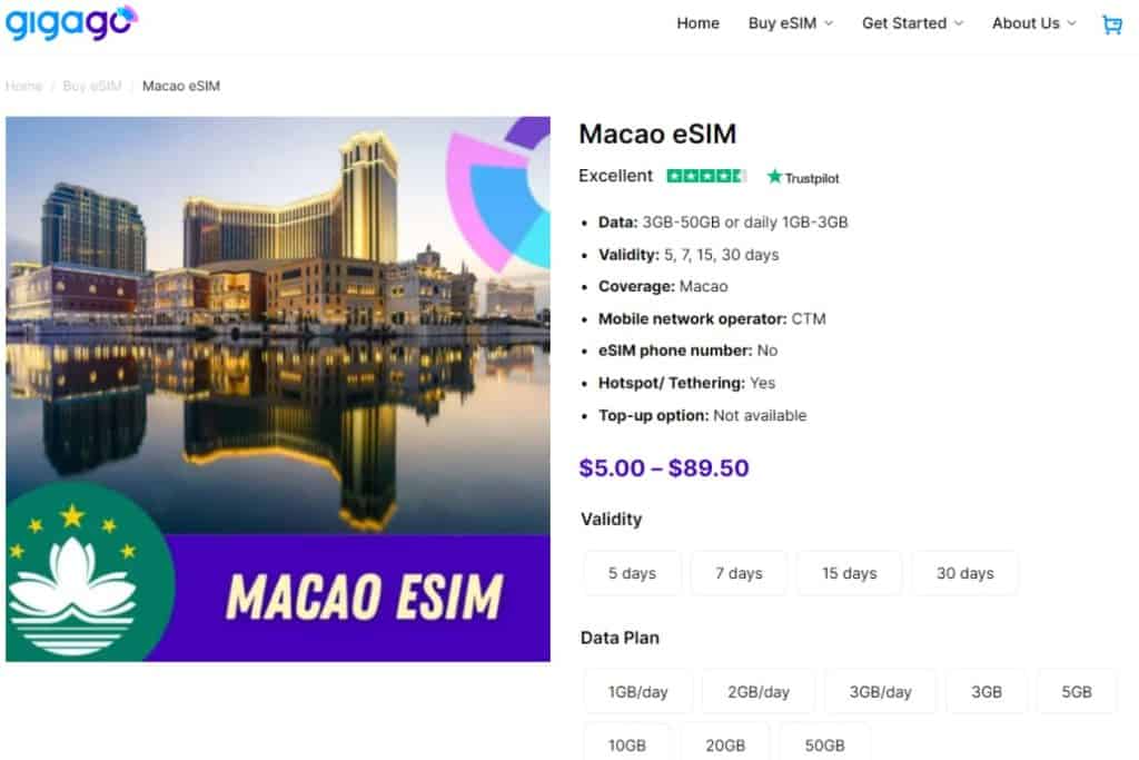 Gigago offers a range of eSIM plans for Macau