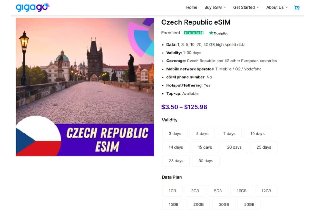 Gigago offers a wide range of eSIM plans for tourists to Czech