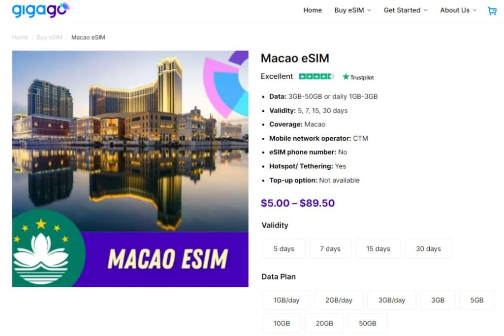 Gigago offers multiple eSIM plan options for tourists to Macau