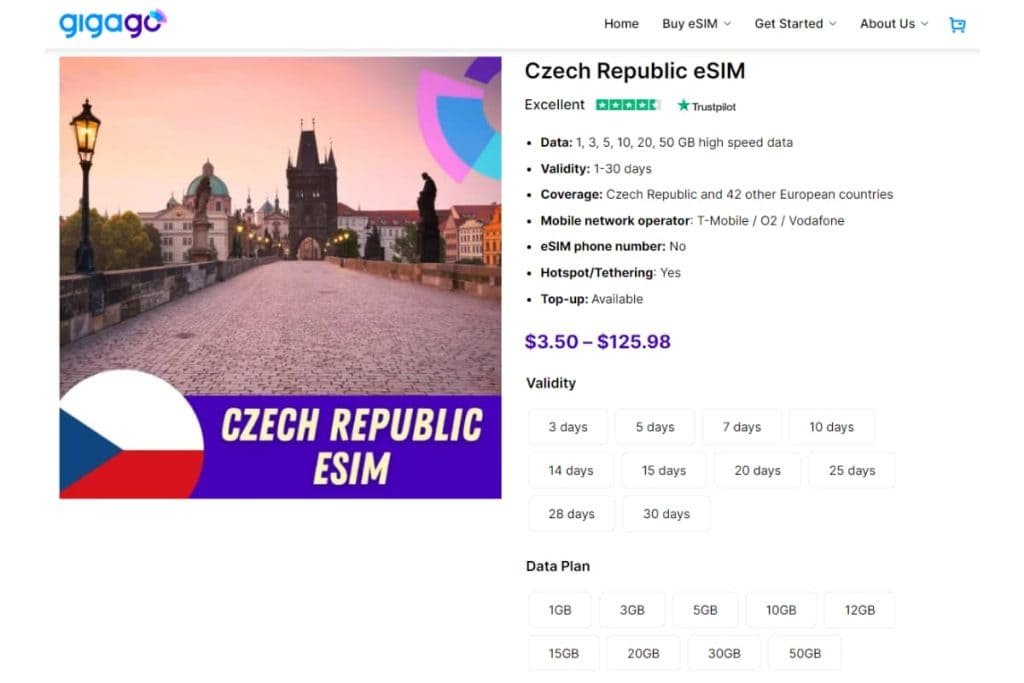 Gigago offers a wide selection of eSIM plans for tourists to Czech