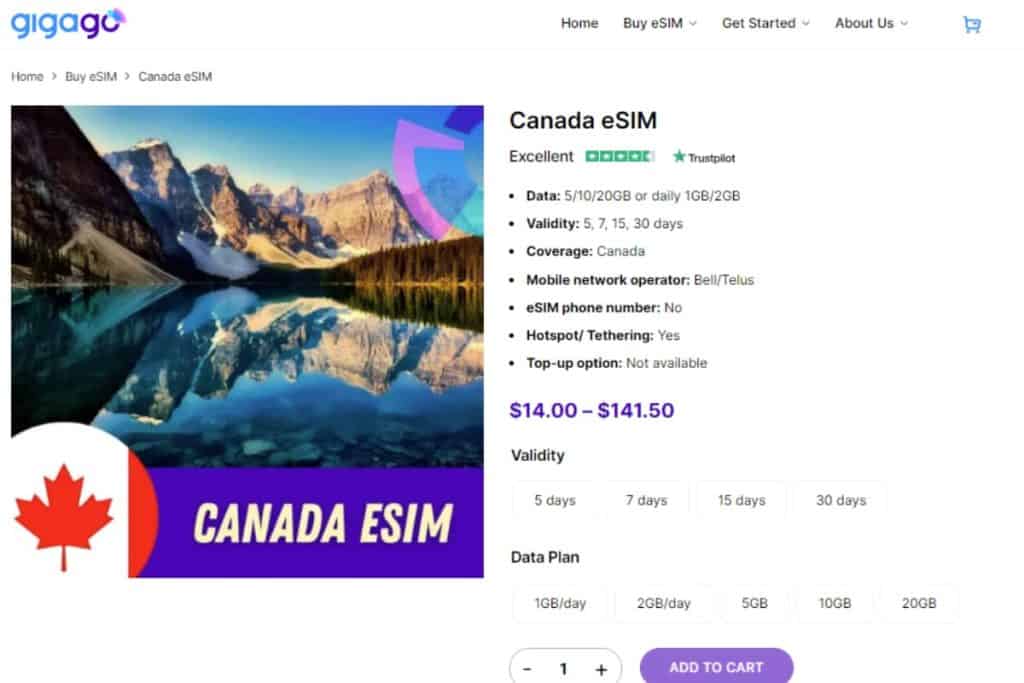 Gigago offers a variety of eSIM plans for Canada at competitive prices
