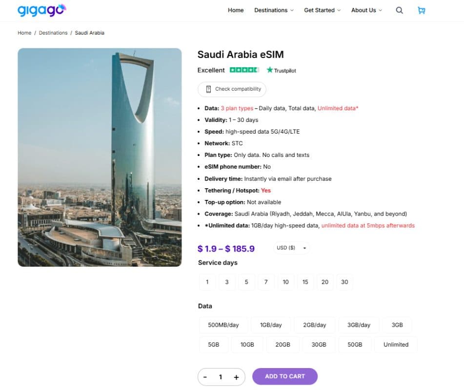Saudi Arrabia eSIM by Gigago as alternative to STC SIM