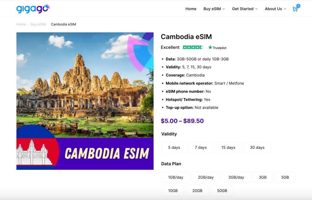 Cambodia eSIM plans for tourists by Gigago