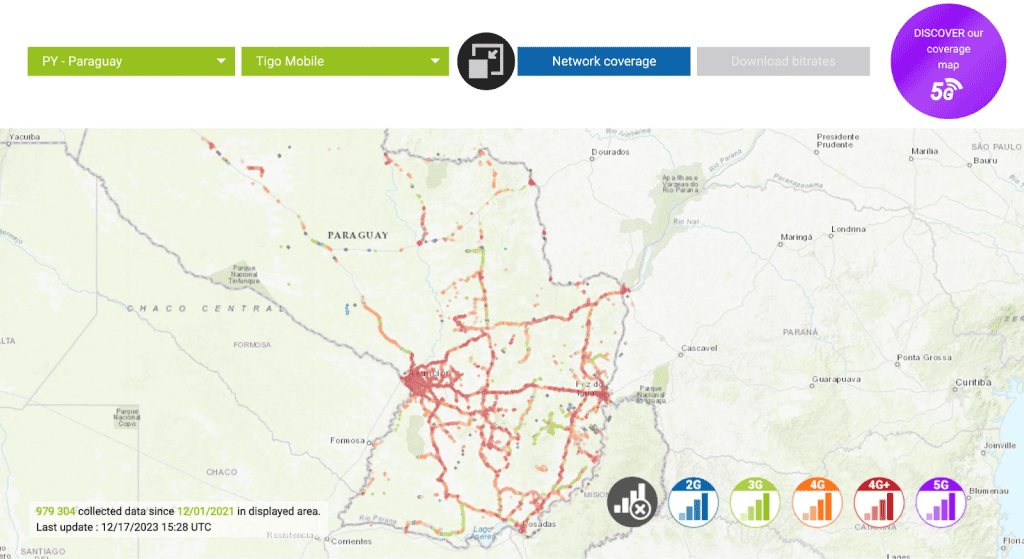 Map showing Tigo's mobile network signal strength in Paraguay (Source: nPerf data)