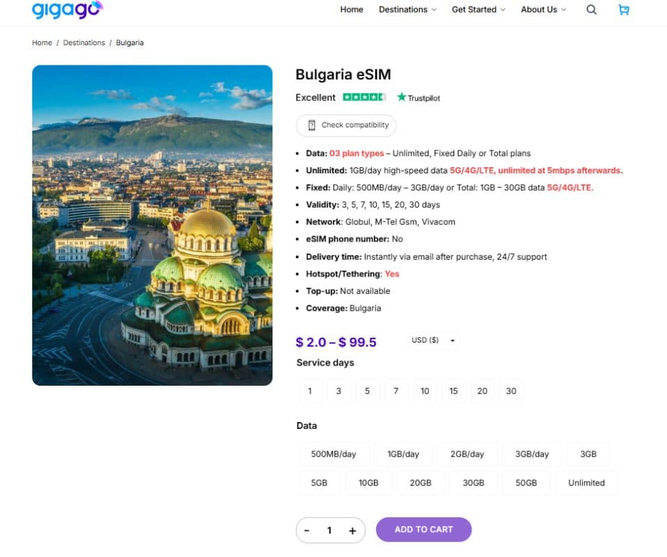 Bulgaria eSIM by Gigago as alternative to A1 SIM cards