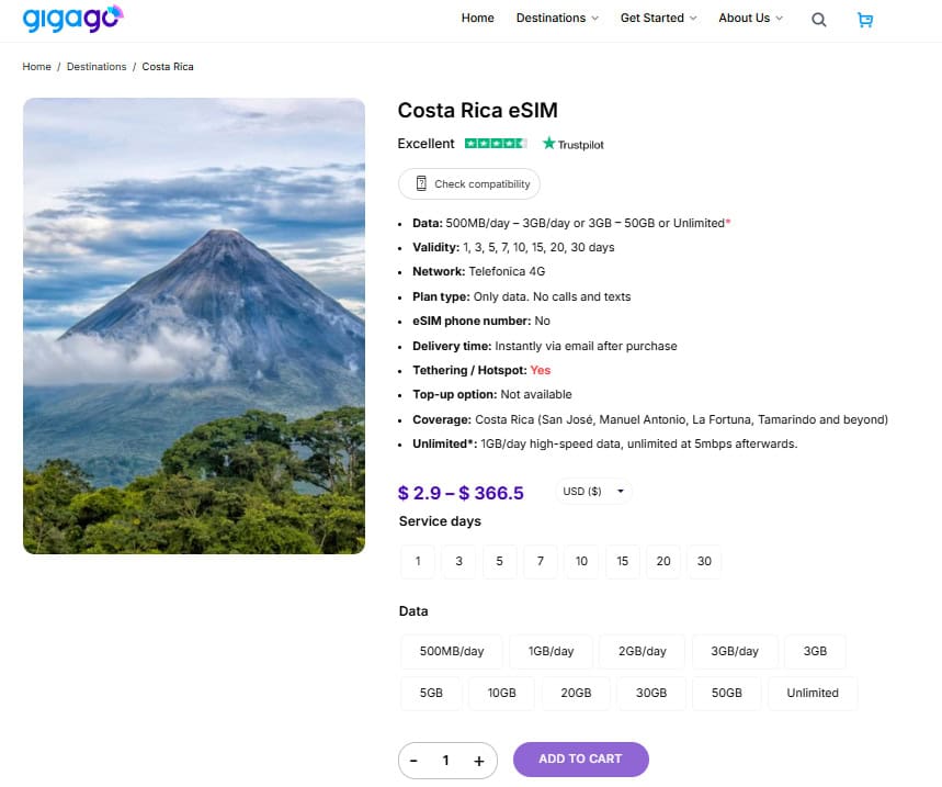 Costa Rica eSIM by Gigago as alternative to Kolbi SIM