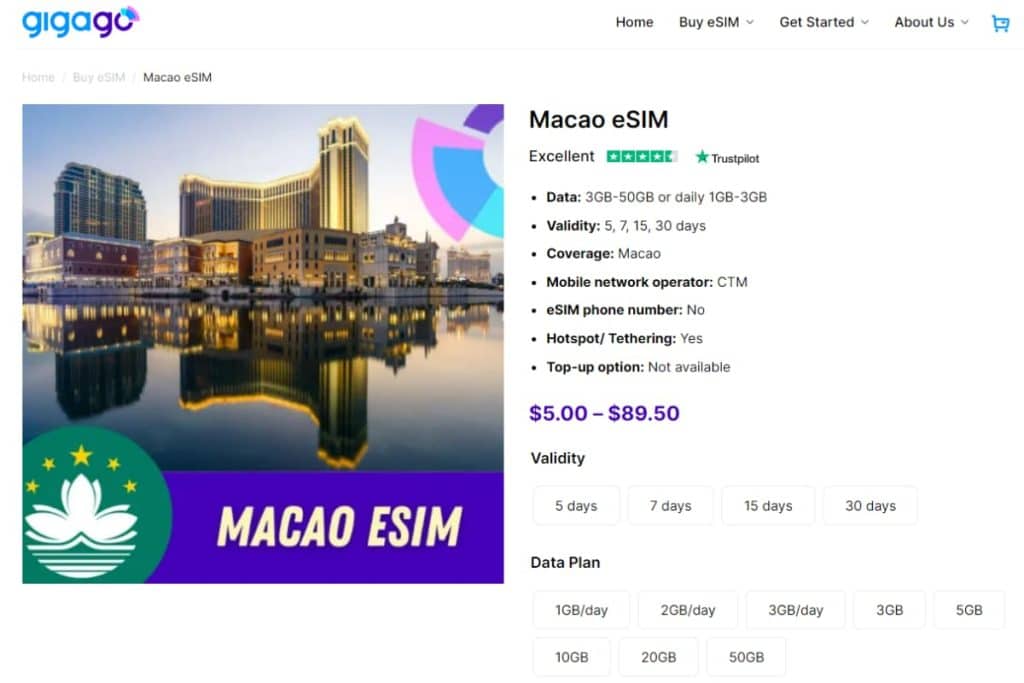 Gigago offers multiple eSIM plans for Macau