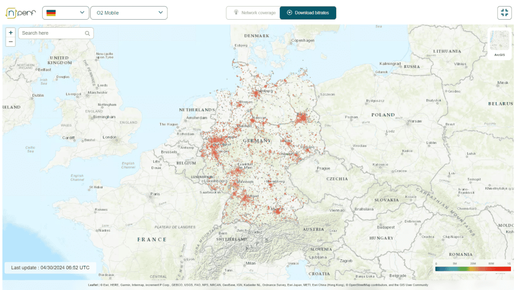 O2 Operator 2G, 3G, 4G and 5G mobile network bitrates map in Germany (source: nperf)