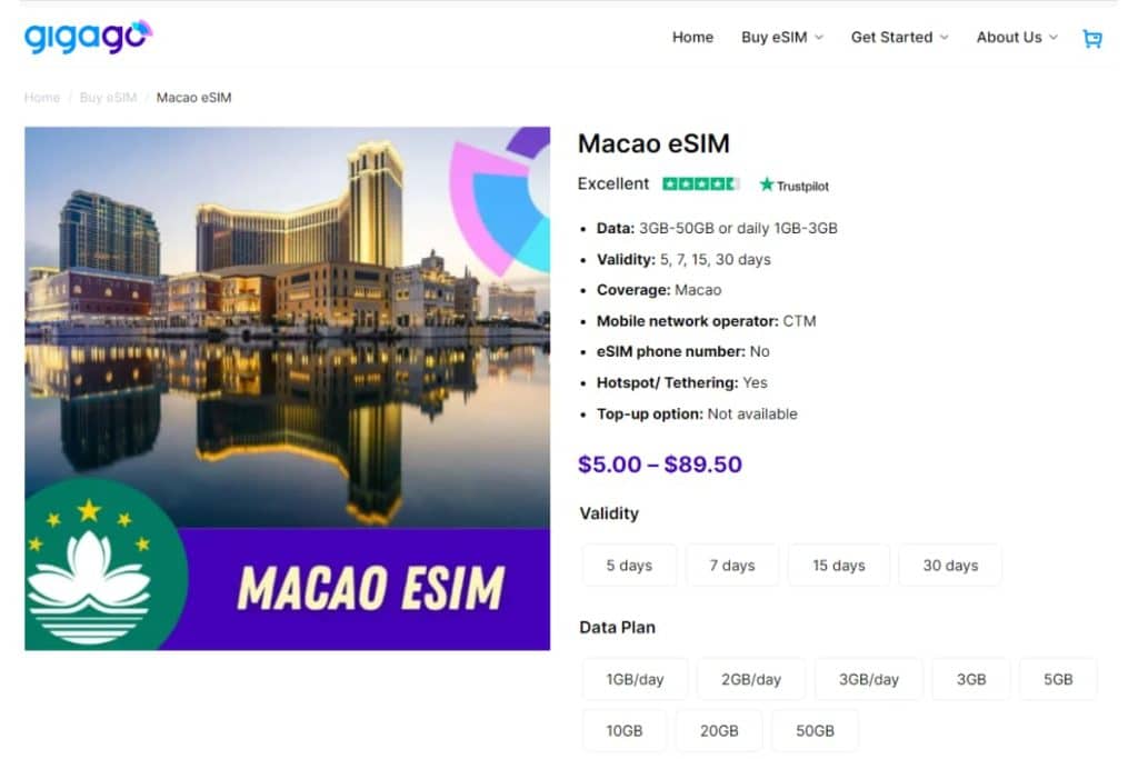 Gigago offers a wide range of eSIM plans for Macau