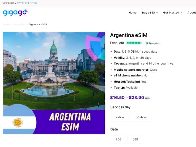 Buy eSIM Argentina of Claro network from Gigago