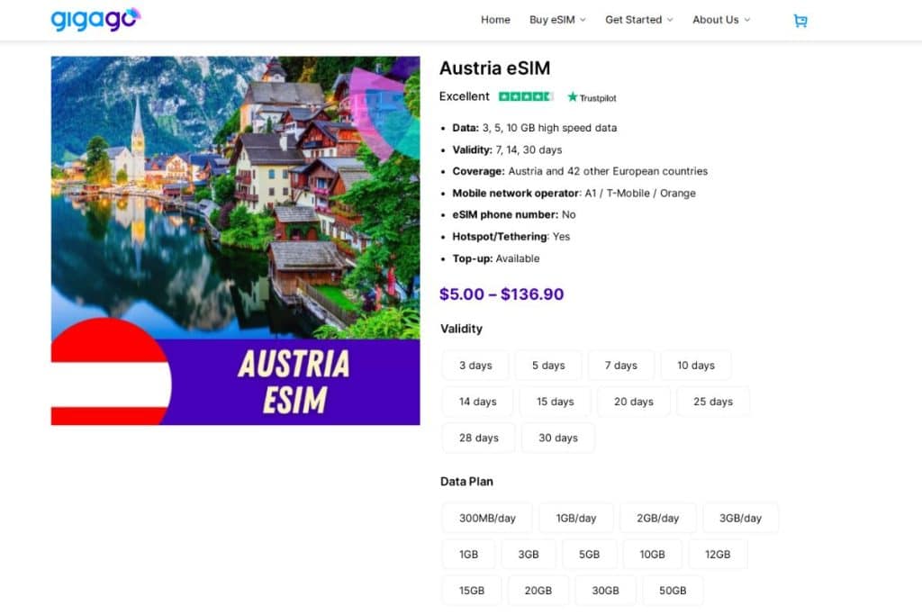 Austria eSIM is offered at Gigago