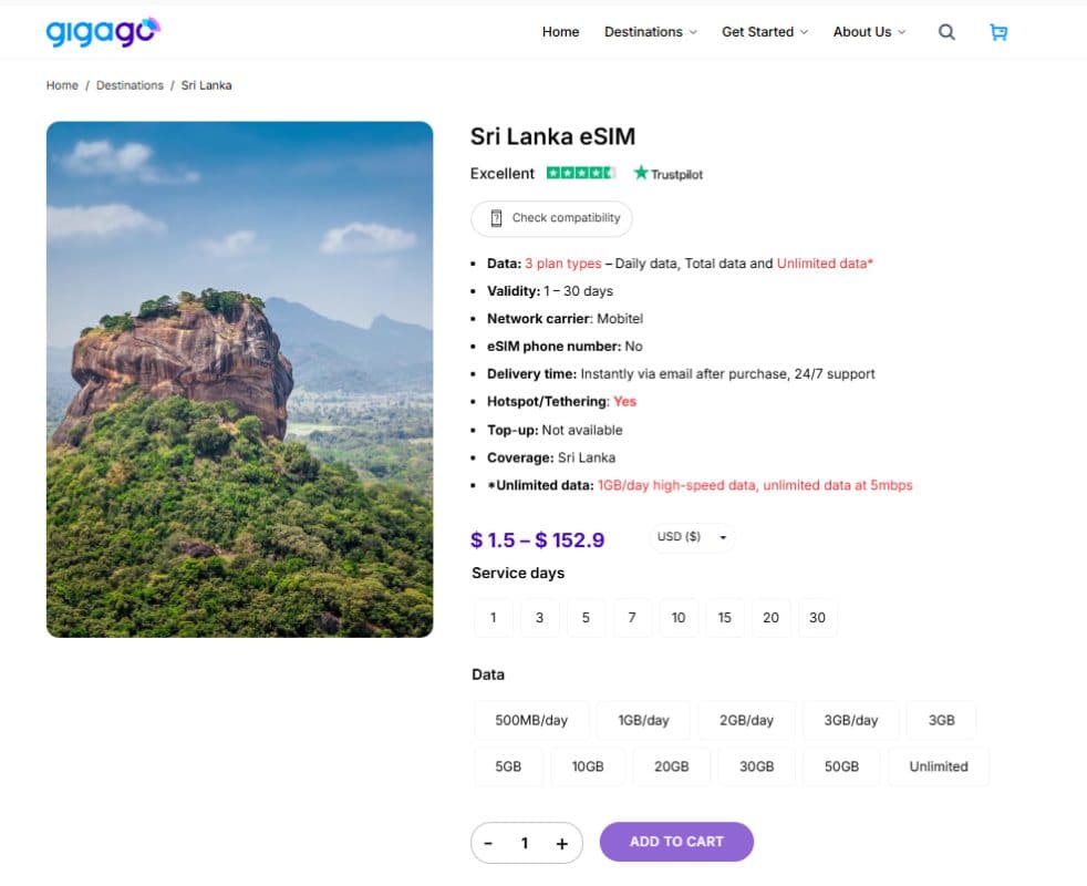Gigago Sri Lanka eSIM as alternative for Dialog sim cards for tourists