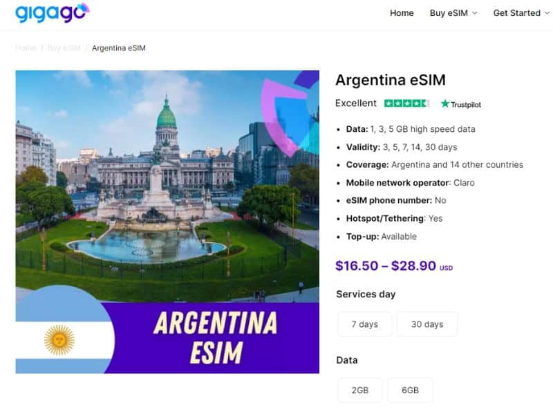 eSIM Argentina from Gigago
