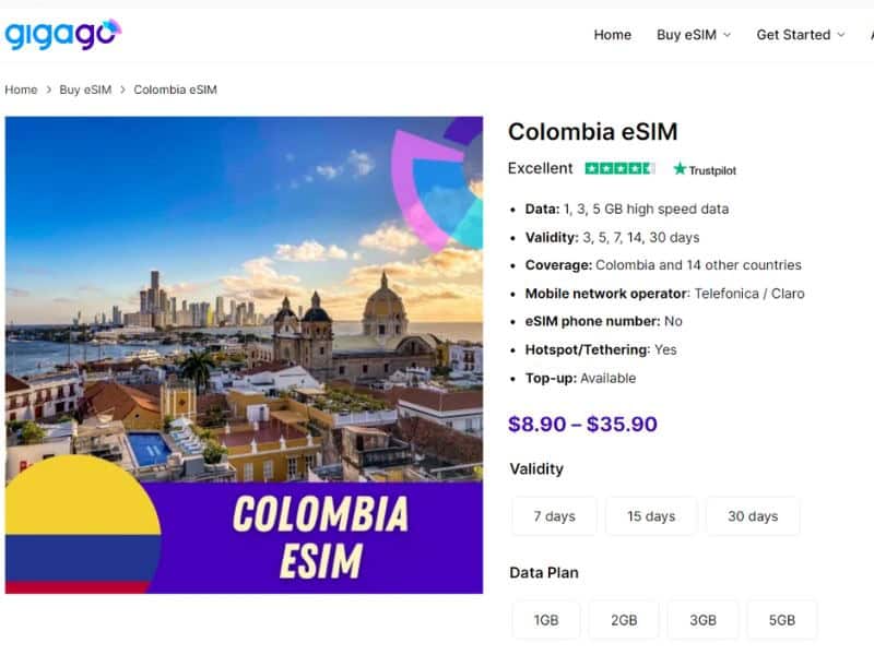 Buy eSIM Colombia in Gigago