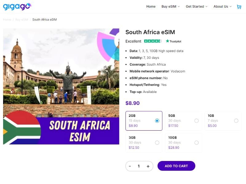 Gigago offers South African eSIM with a variety of data plan options