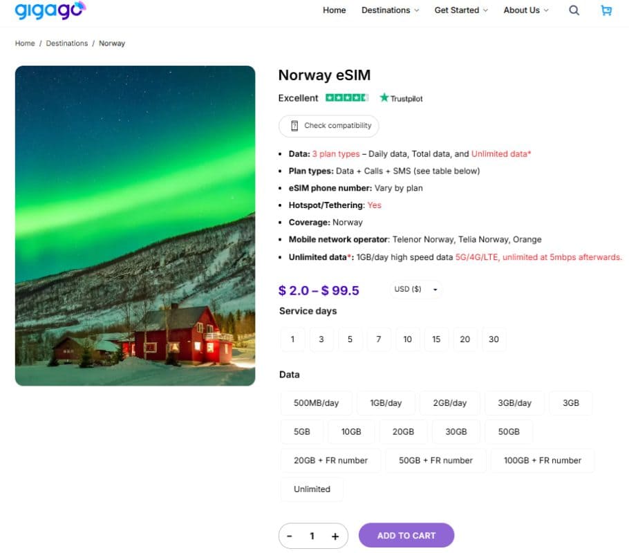 Norway eSIM by Gigago as alternative to Telenor SIM cards for tourists