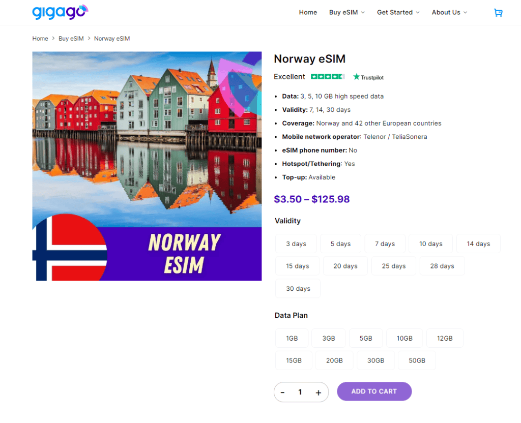 eSIM for Norway is available with Gigago.