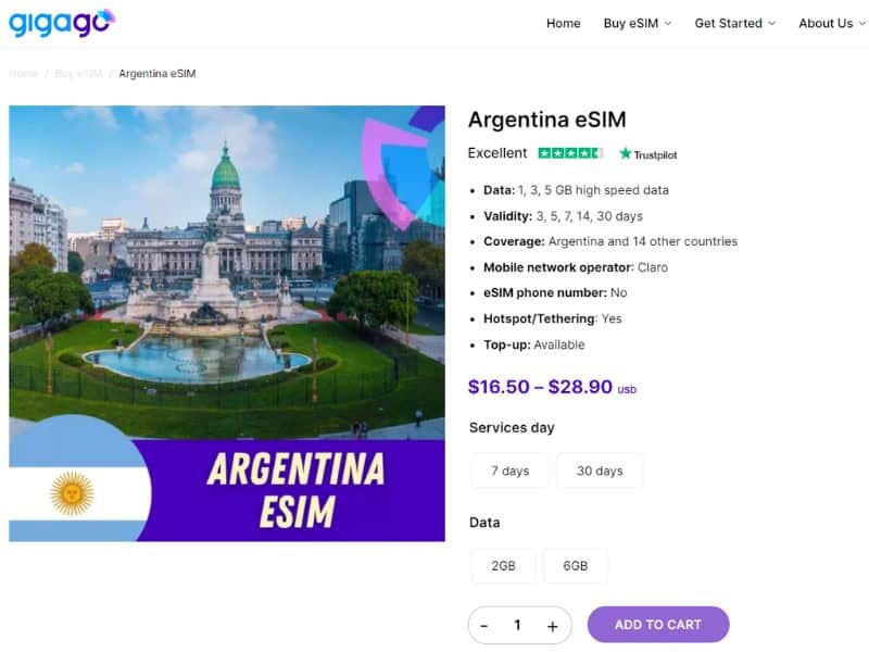 Argentina eSIM from Claro is widely distributed by Gigago