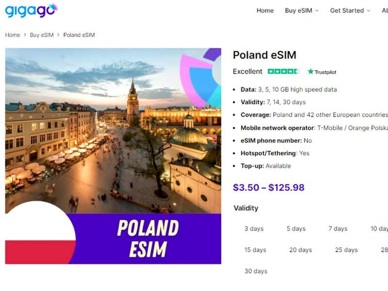 Tourists want to buying a Poland eSIM can explore the options available at Gigago