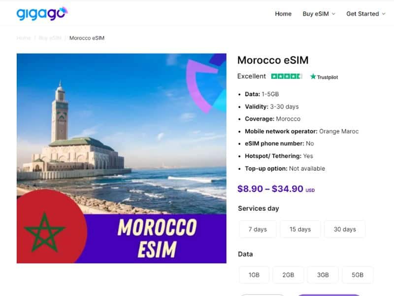 Morocco eSIM comes from Gigago