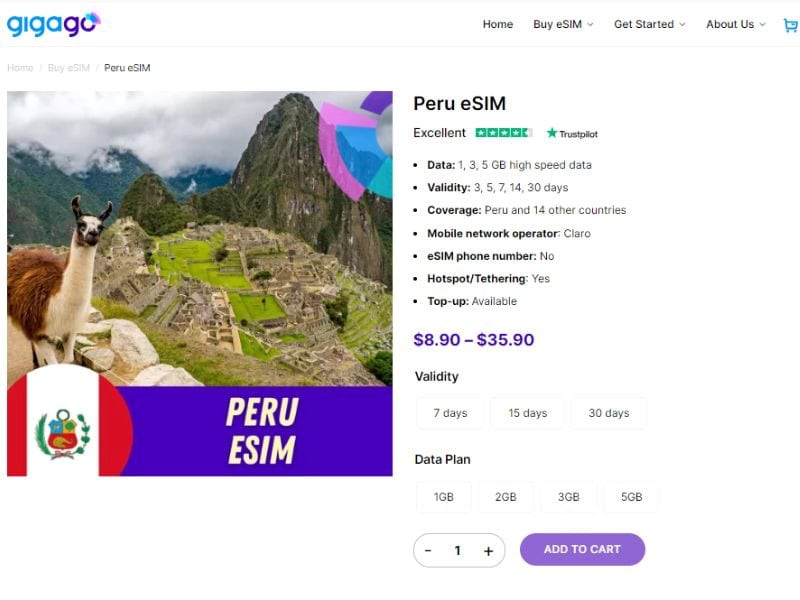 Peru eSIM from Gigago