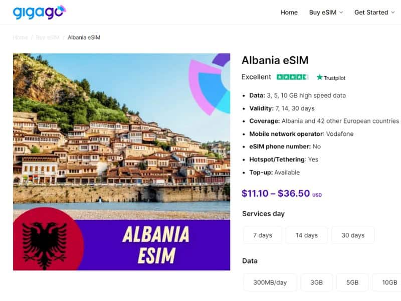 Albanian eSIM comes from Gigago