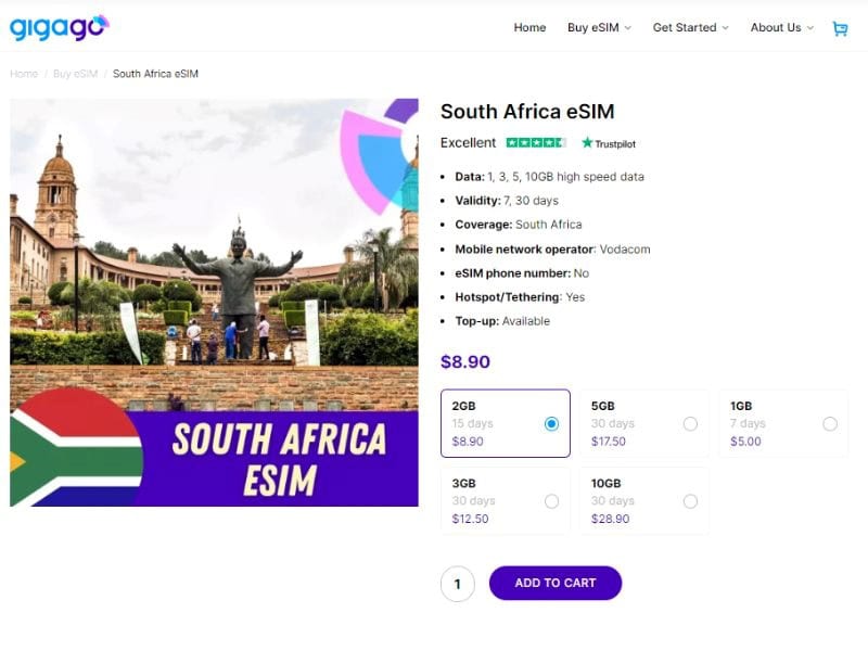 South Africa eSIM comes from Gigago