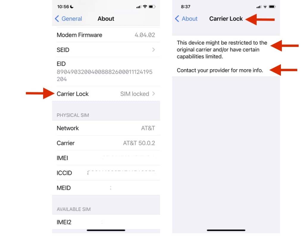 Carrier-lock in Settings menu of an iPhone