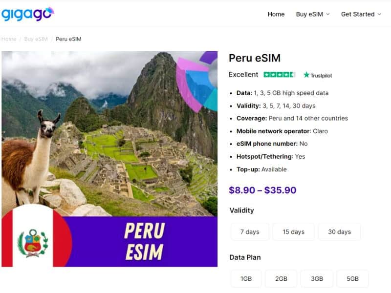 Gigago offers a variety of data plan options for Peru travelers