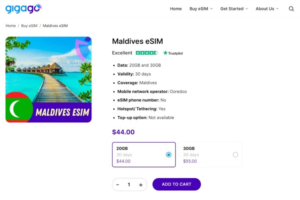 Gigago eSIM plans for Maldives