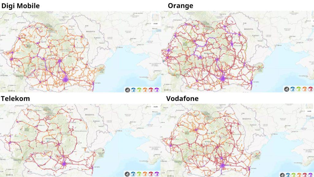 Coverage map of the four major carriers in Romania