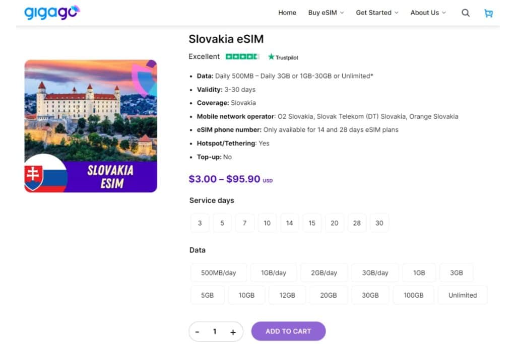 Slovakia eSIM plans provided by Gigago