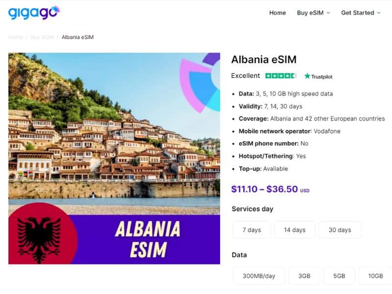 Choose Albania eSIM from Gigago