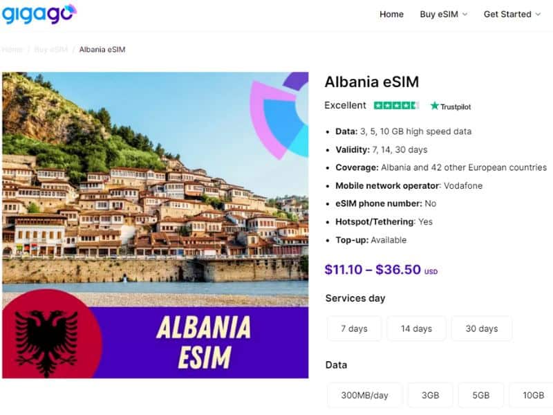 Gigago offers Albania eSIM