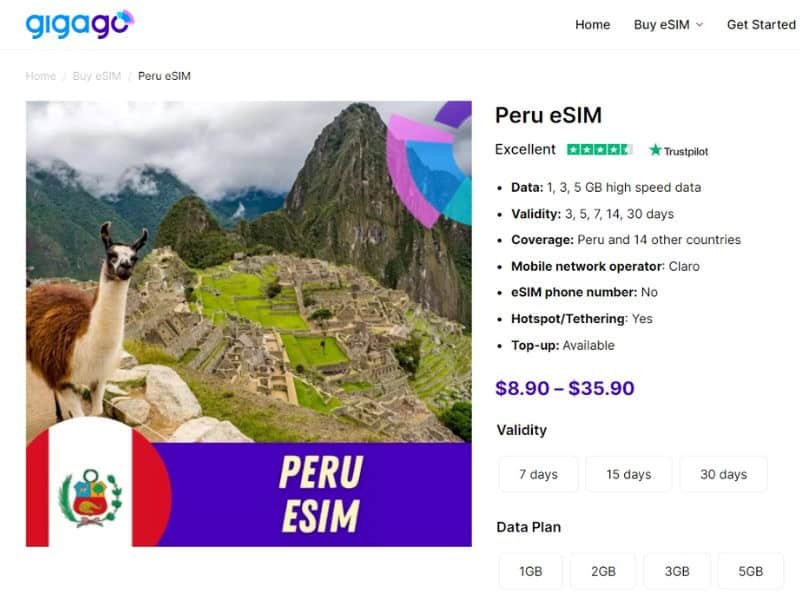 For Peru, Gigago offers a wide selection of data plans from 1GB-5GB