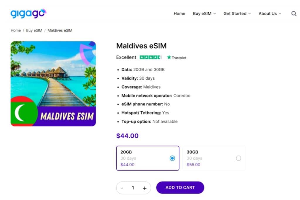 Gigago eSIM plans for Maldives