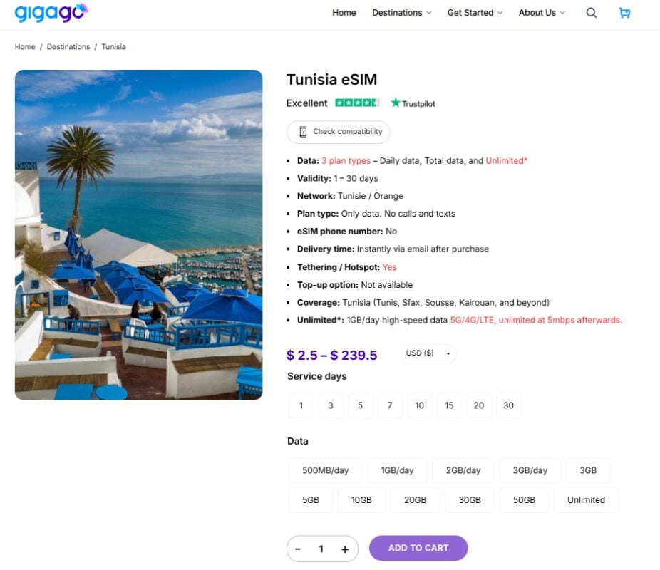 Tunisia eSIM by Gigago as alternative to Ooredoo SIM cards
