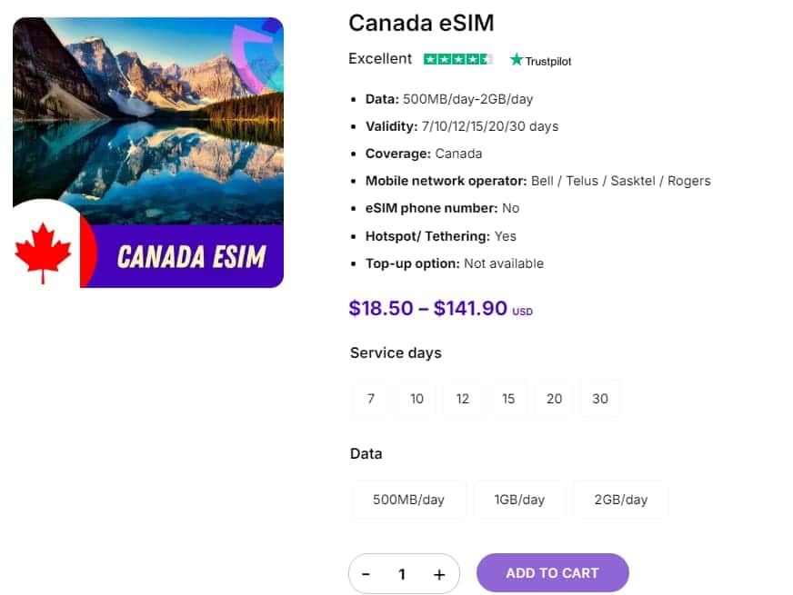 Gigago eSIM plans for Canada