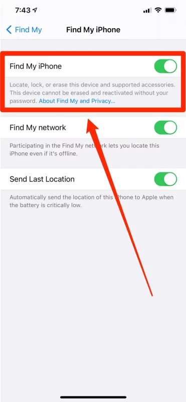 Screen to disable Find My iPhone