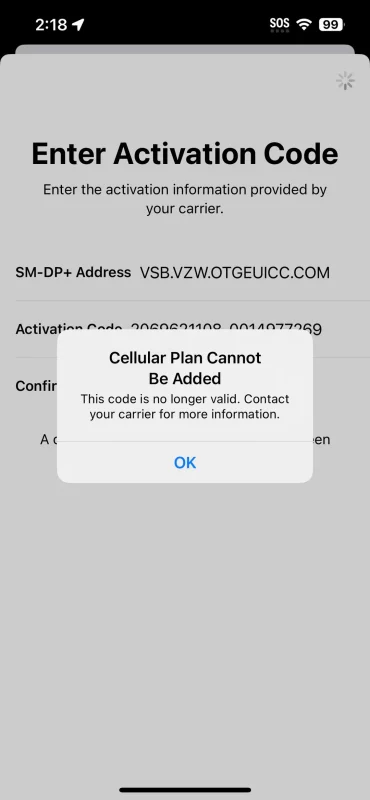 Invalid activation code - esim not working