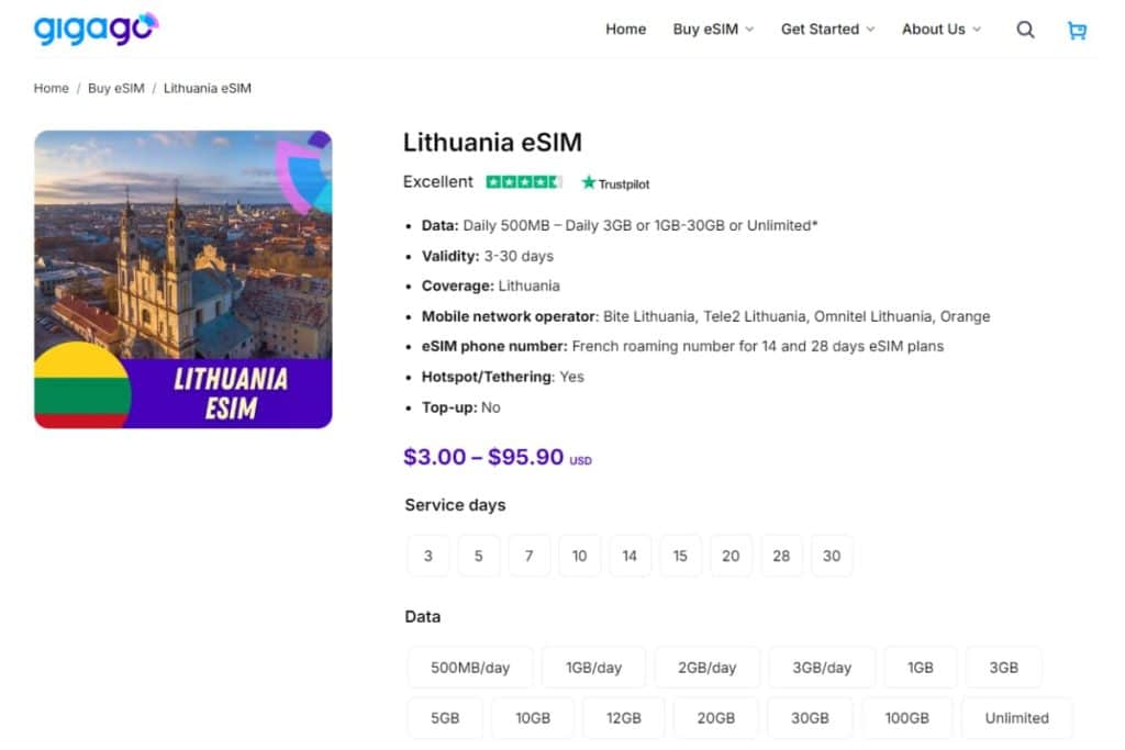 Gigago eSIM plans for Lithuania