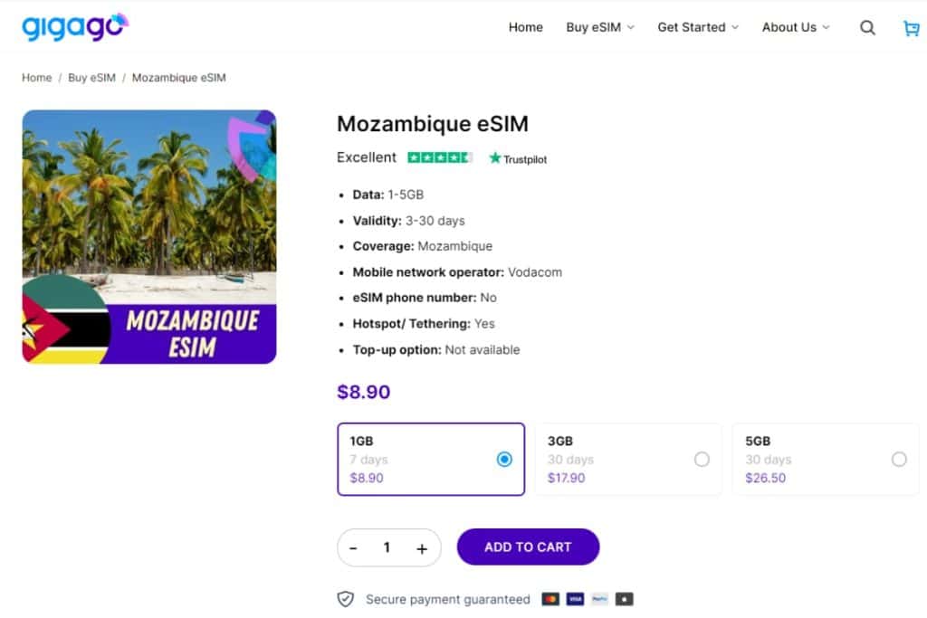 Gigago eSIM plans for Mozambique