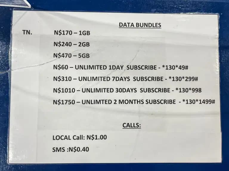 Telecom SIM Card packages at the Windhoek airport