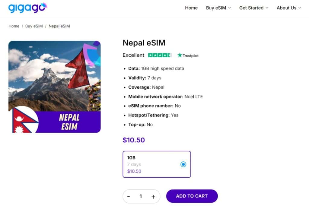 Gigago eSIM plans for Nepal