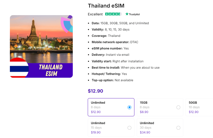 eSIM Thailand price with phone number