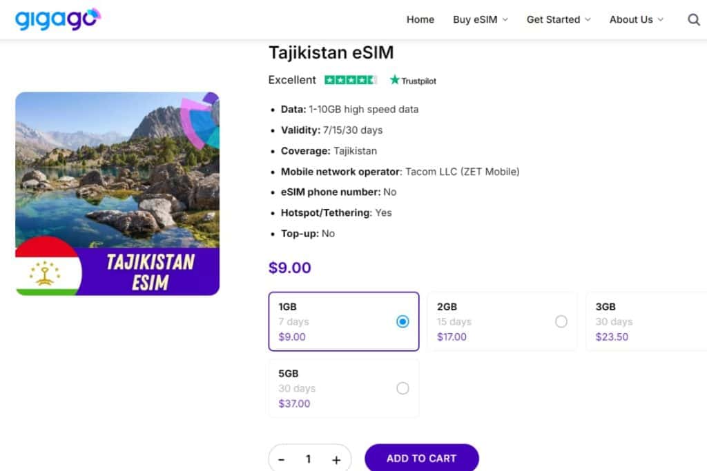 Gigago eSIM plans for Tajikistan